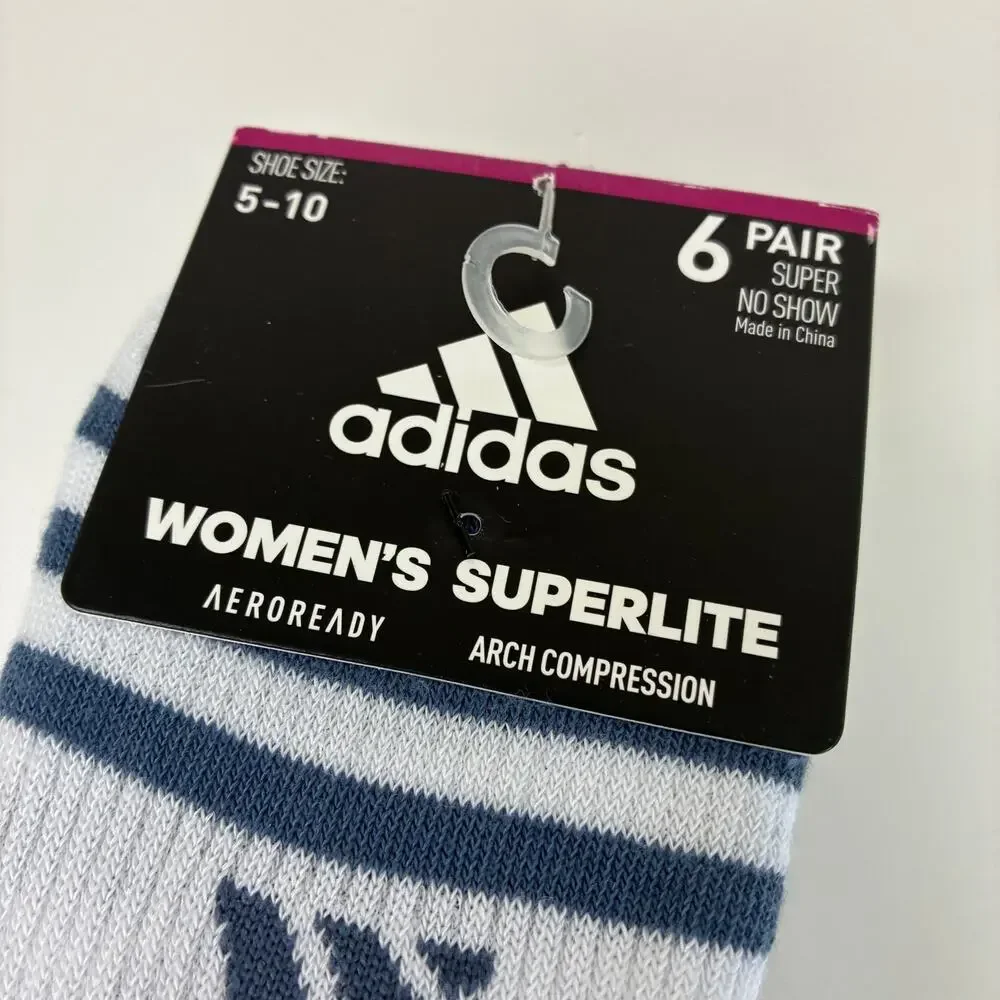 Adidas 6 Pairs Womens SuperLite No Show Socks White Blue Pink Tan NWT Sz 5-10
